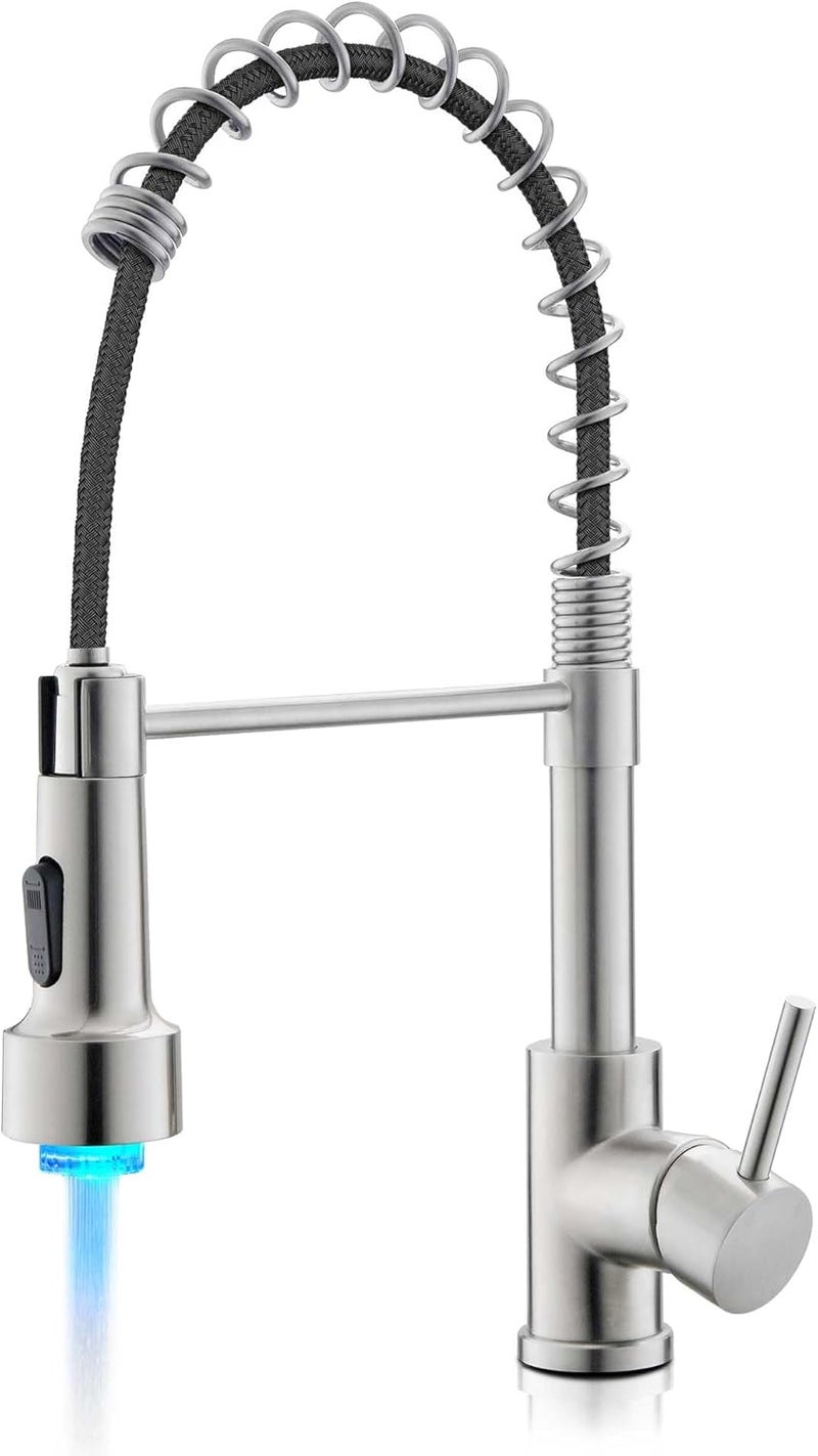 LUFEIDRA Kitchen Faucet with Sprayer LED Light, High Arc Kitchen Faucets Single Hole 304 Stainless Steel Kitchen Sink Faucet Faucet for Bar Sink Rv, Brushed Nickel - Image 1